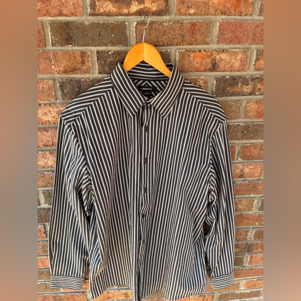 🏴‍☠️ Claiborne Gray  and White Striped Button Down Shirt Tall Large